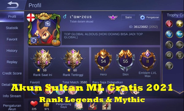 500 + Akun ML Sultan Gratis Rank Mythic Full Skin Maret 2021 iencsea.id