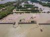 Foto udara pasak konstruksi Hybrid Engineering (struktur perangkap sedimen ramah lingkungan) yang berfungsi untuk meningkatkan ketahanan lingkungan pesisir dari abrasi membentang di Desa Timbulsloko, Kecamatan Sayung, Demak, Jawa Tengah, Senin (27/1/2020). ANTARA FOTO - Aji Styawan