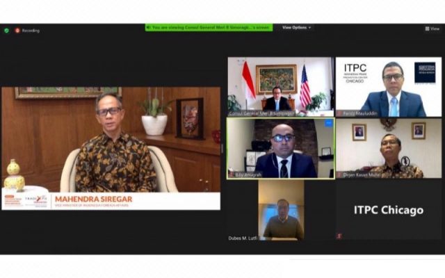 Wakil Menteri Luar Negeri RI Mahendra Siregar bersama sejumlah pejabat perwakilan RI di AS melakukan pertemuan virtual dengan pelaku bisnis dan mitra strategis pada Kamis (5/11/2020) waktu AS. - Antara