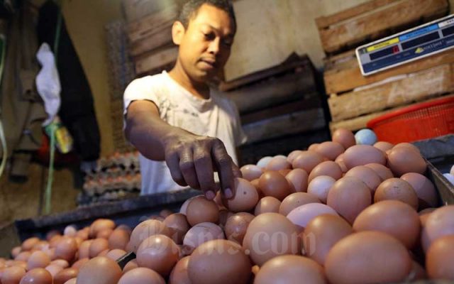 Pedagang menata telur di Pasar Benhil, Jakarta, Senin (13/4/2020).  - Bisnis/Eusebio Chrysnamurti 