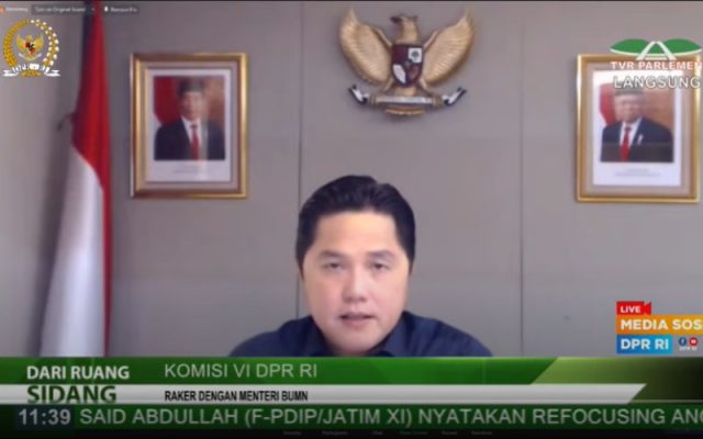 Menteri BUMN Erick Thohir saat RDP dengan Komisi VI DPR membahas usulan PMN 2022, Kamis (8/7 - 2021).